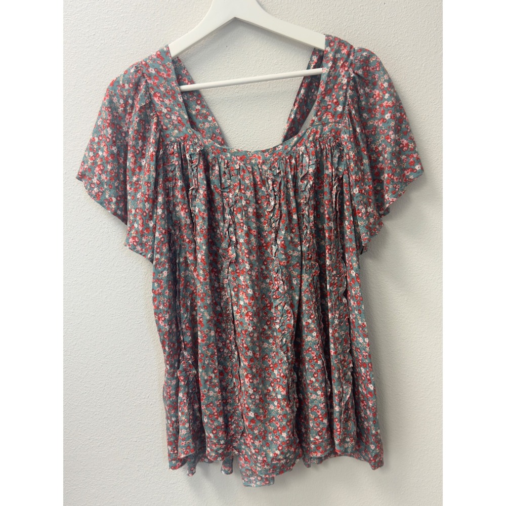 Floral Blouse Ruffle Flutter Sleeve Back‎ Tie  M Cottagecore Praire Boho Shabby